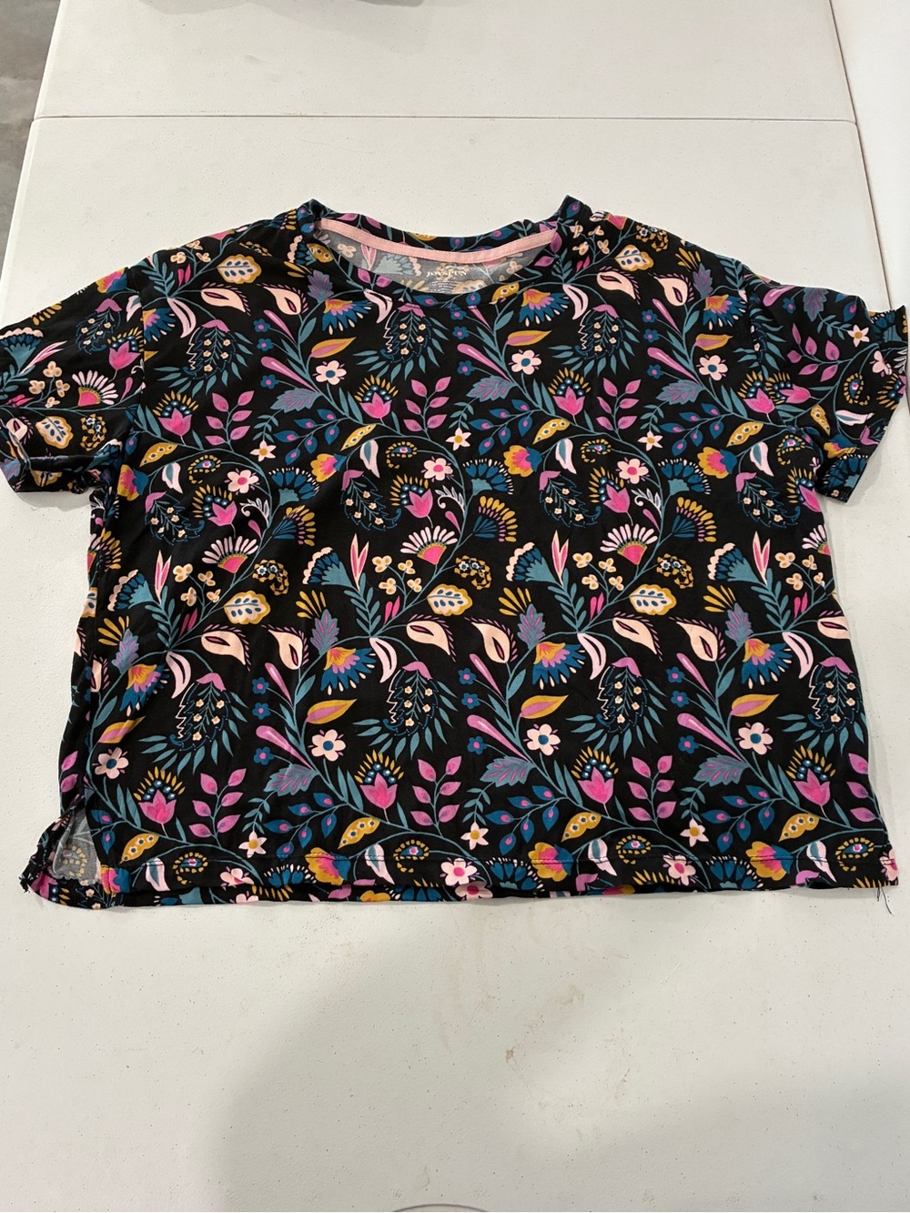 Joyspun Floral Pajama Set XL 16-18 Black Yellow Folk Art Wide Leg Crop 2PC